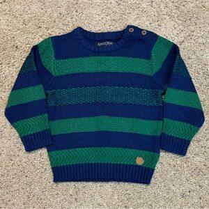 Mayoral Green and Navy Striped Sweater with buttons at the neck. Size 12.